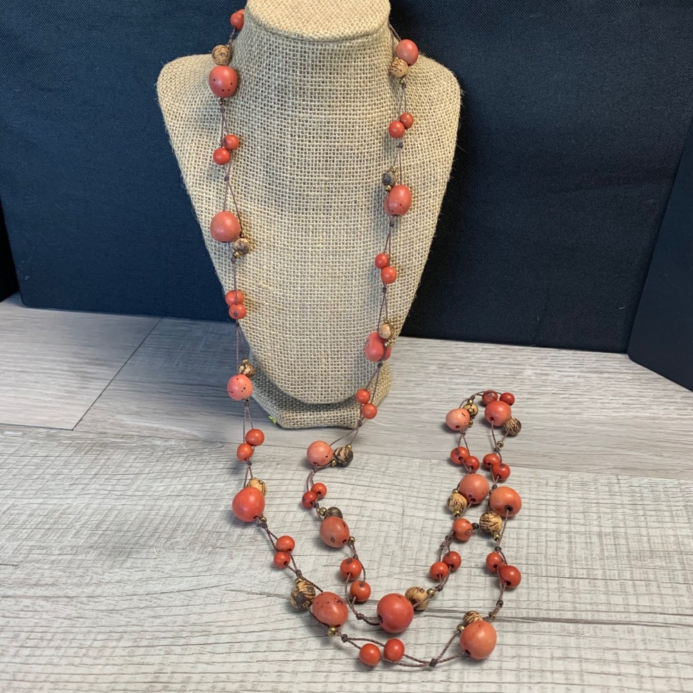 Boho Terracotta Orange Natural Wood Nut Bead Long Strand Necklace 50 Inch